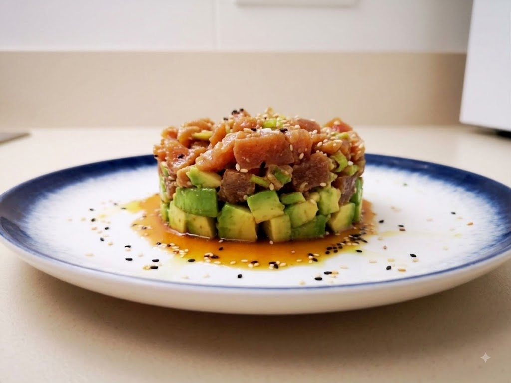 Tartar de atún, guacamole y tempura de cebolla frita