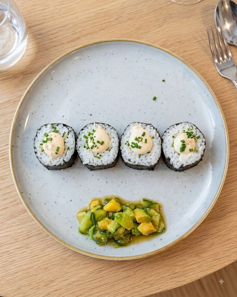 Maki de ahumado con ensalada de wakame, pepino y mayonesa de sésamo