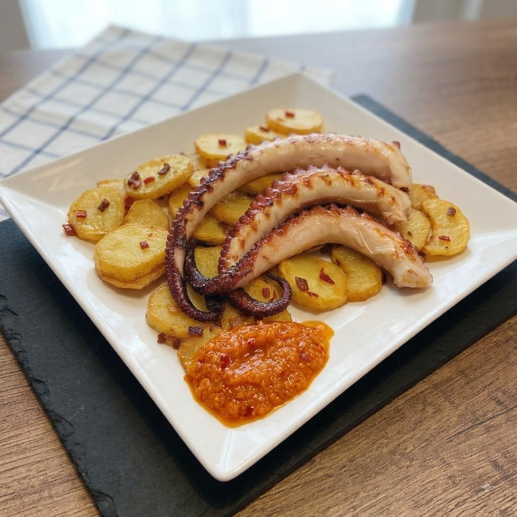 Pulpo con papas fritas y mojo rojo