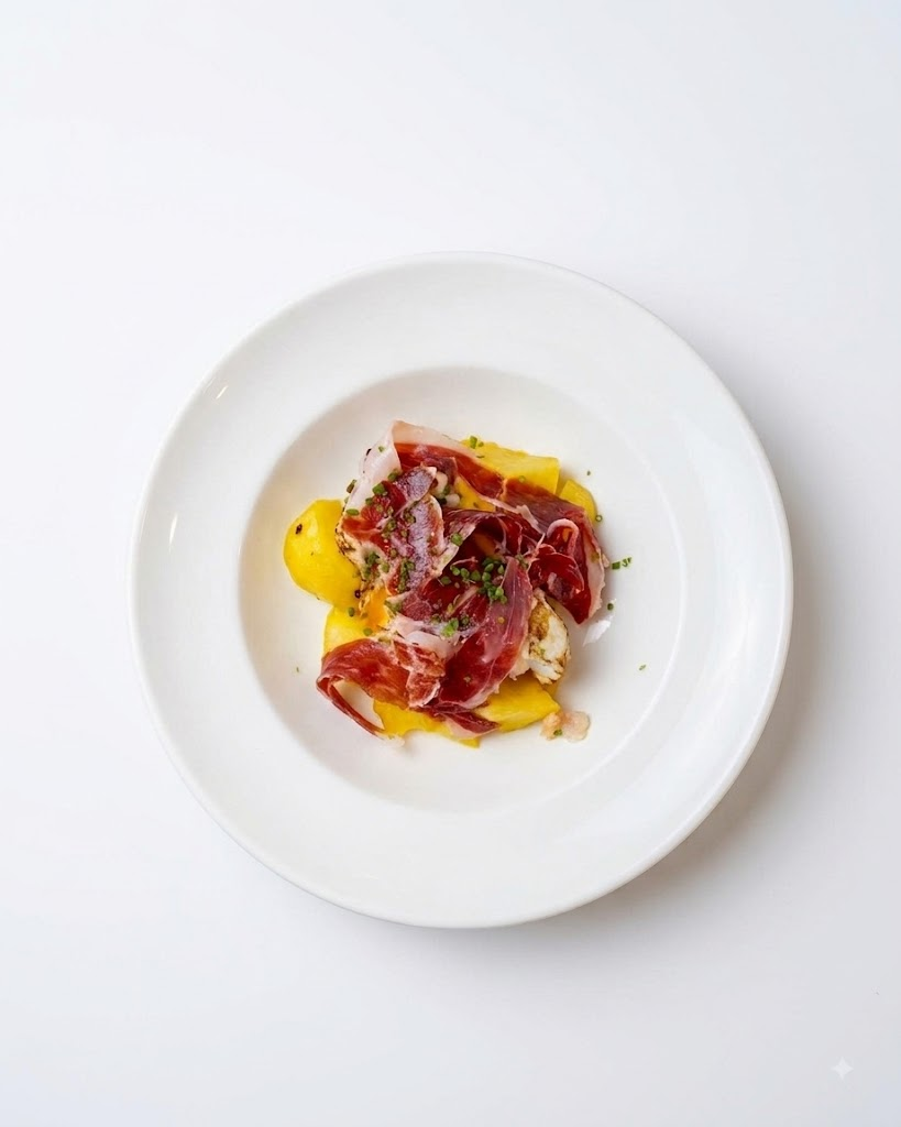 Huevos rotos, paletilla ibérica y papas fritas
